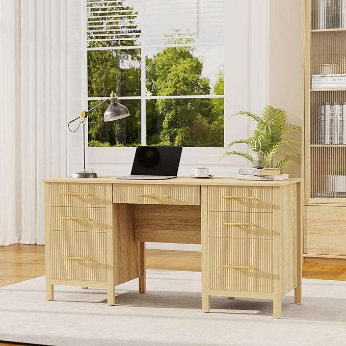 Modern Executive Desk with Drawers: 60" Oak Home Office Desks with File Drawers, Wood Fluted Computer Writing Desk for Work, Study, and Living Room (60")
