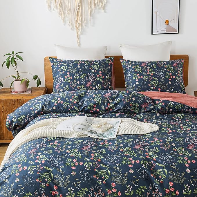 HoneiLife Queen Duvet Cover Set - 100% Cotton Floral Duvet Cover Sets,Soft & Breathable with Zipper Closure & Corner Ties,3pcs Wildflower Comforter Cover Sets- Flower Sea