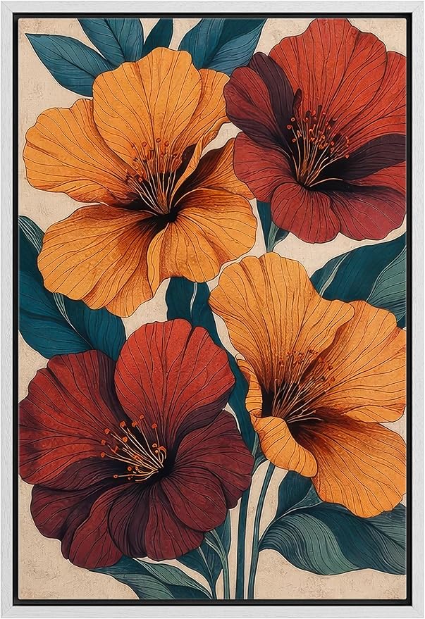 Woodrose Framed Canvas Print Wall Art Vibrant Hibiscus Floral Botanical Illustrations Modern Art Minimalist 3D Colorful Ultra for Living Room, Bedroom, Office - 16"x24" WHITE