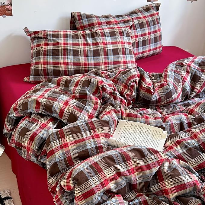 mixinni Vintage Red & Brown Buffalo Plaid Duvet Cover Set Twin Size - 3 Piece Washed Cotton Bedding Set with Classic Checkered Pattern, Cozy Farmhouse Duvet Cover with Pillowcases for All Seasons