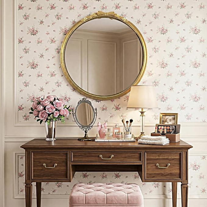Vintage Gold Round Bow Mirror 28" – Decorative Metal Frame Circle Mirror with Beaded & Beveled Design, Antique Baroque Wall Mirror for Living Room, Bedroom, Bathroom, Entryway