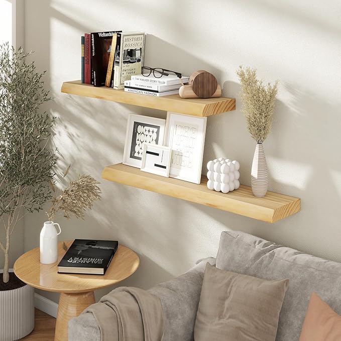 RICHFOCUS Live Edge Wood Floating Shelves for Wall 24" Natural Solid Wood Wall Mounted Shelf|8 Inch Deep Wooden Floating Shelves with Invisible Bracket for Bathroom Kitchen Room|2Pcs, Natural