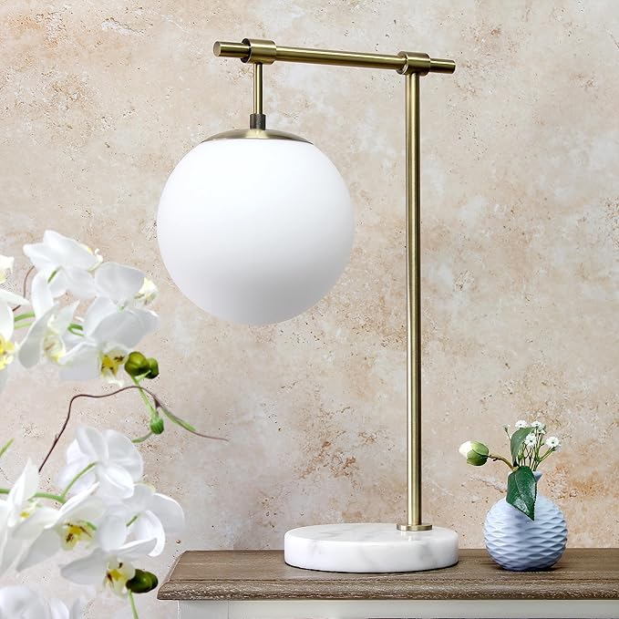 Elegant Designs LT2115-ABS 21" Mid Century Modern White Glass Globe Shade Table Desk Lamp with Antique Brass Arm and Marble Base for Study, Living Room, Bedroom, Entryway, Antique Brass