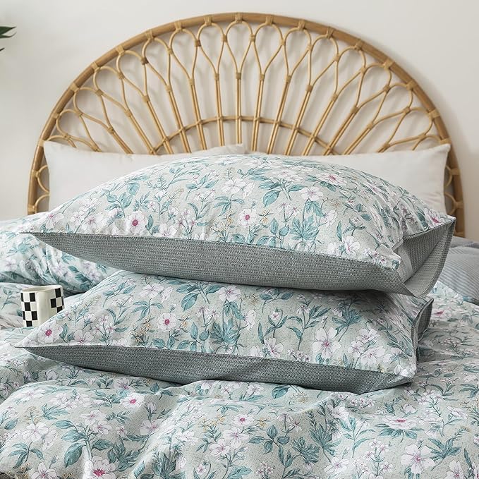 HoneiLife Wildflower Duvet Cover Queen - 100% Cotton Comforter Cover 3-PC, Botanical Bedlinen Set with Zipper Closure & Corner Ties, Floral Comforter Cover Sets, Greenery