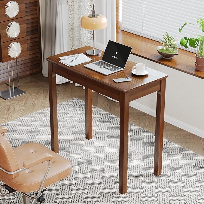 Solid Wood Desk with Drawers - 32 x 16 Inch Vintage Narrow Desks, Mid Century Modern Desks, Rubber Wood Study Table, Small Writing Desk for Bedroom|Small Spaces - Walnut Color