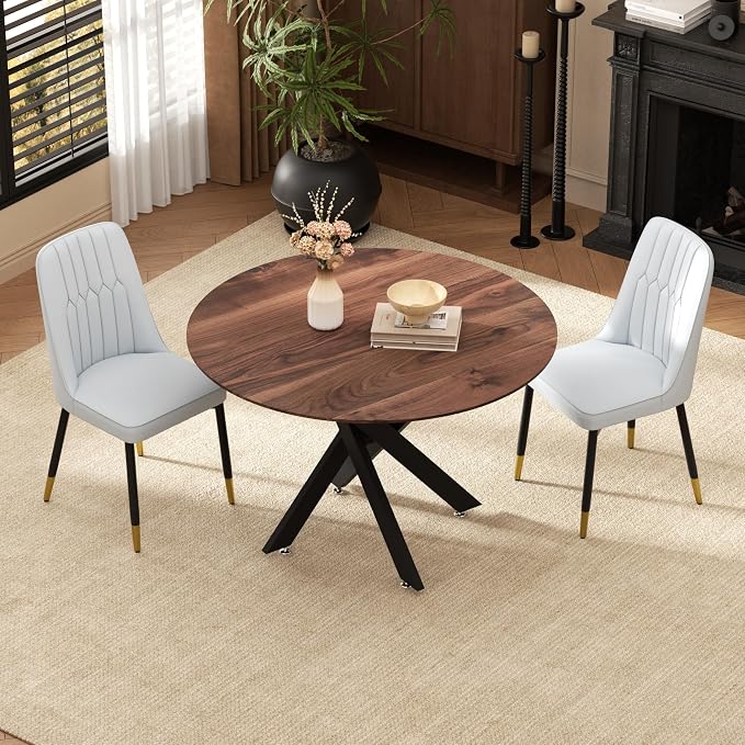 RGZ Mid Century Walnut Round Dining Table Set for 2, 36" Small Wooden Circle Kitchen Table & 2 Light Gray PU Leather Kitchen Chairs, Dinner Table Set for Home, Apartment, Dining Room