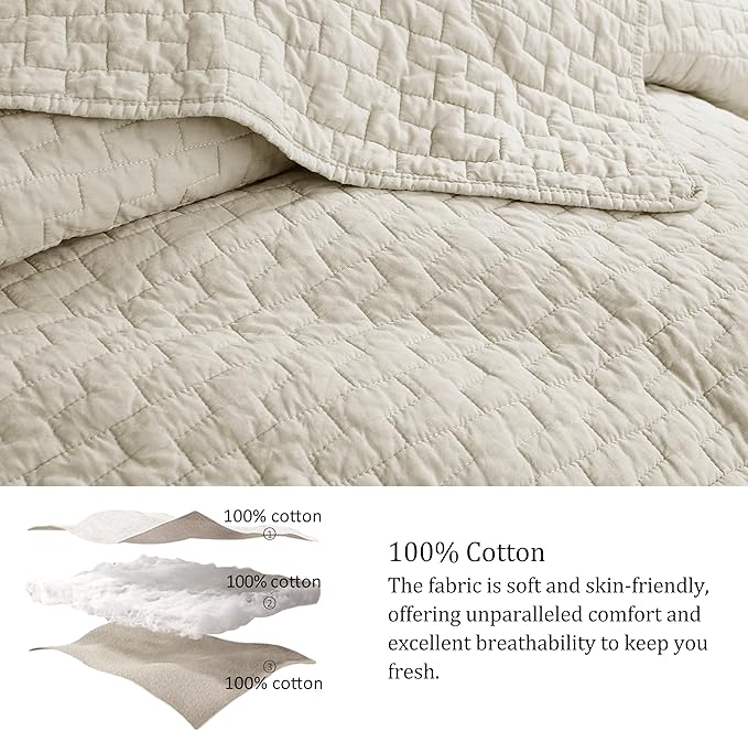 palassio Beige 100% Cotton Quilt King Size Bedding Sets with 2 Pillow Shams, Textured Lightweight Soft Bedspread Shabby Chic Coverlet, Neutral Quilted Comforter Bed Cover for All Season, 3 Pieces