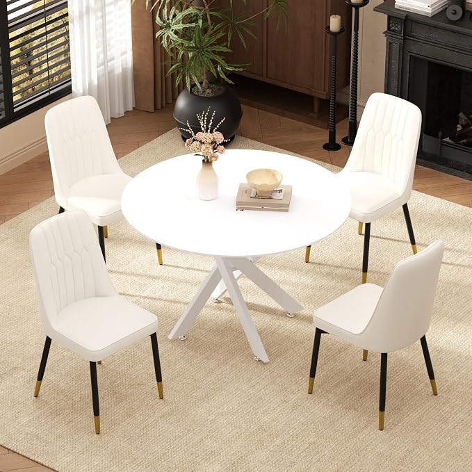 RGZ Mid Century White Round Dining Table Set for 4, 36" Small Wooden Circle Kitchen Table & 4 White PU Leather Kitchen Chairs, Dinner Table Set for Home, Apartment, Dining Room