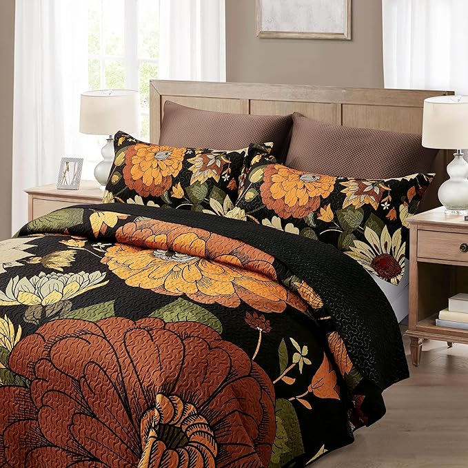 2 Piece Black Boho Floral Twin Size Quilt Sets Farmhouse Botanical Reversible Lightweight Bedspread Coverlet with 1 Sham Mid Century Microfiber Bedding Quilts Set for All Season, 68''x86''
