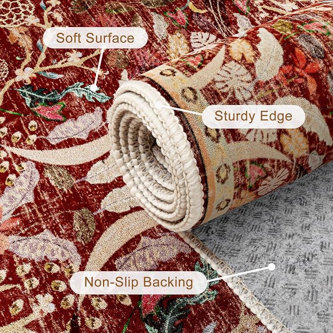 AMTOVO 8x10 Washable Area Rugs for Living Room, Non-Slip Large Soft Boho Floral Accent Rug, Vintage Pattern Printed Carpet for Bedroom Dining Room Farmhouse Nursery Room Home Office, Red