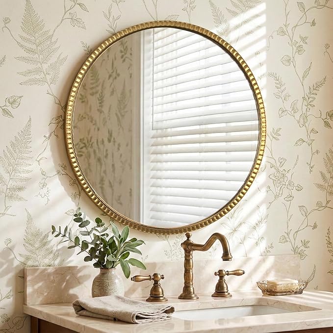 Large Beaded Round Gold Mirror 32" – Metal Frame Circle Wall Mirror, Simple Modern Accent Mirror for Bathroom, Vanity, Entryway, Living Room