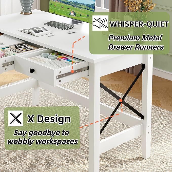 JSB 43.3'' White Computer Desk for Home Office,Farmhouse Executive Desk with 2 File Drawers,Study Writing Table Storage Cabinet,Makeup Vanity Desk for Bedroom (White, 43.3in)