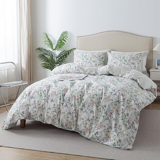 HoneiLife Cotton Duvet Cover King - Botanical Comforter Cover, 3-PC Bedlinen for Set with Zipper Closure & Corner Ties, Sweat-Absorption Comforter Cover Sets, Desert Rose