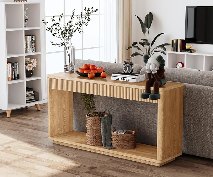 Wood Console Table, 59.8" Retro Long Sofa Table Behind Couch with 2 Fluted Drawers, Farmhouse Wooden Narrow Sofa Table Hall Table for Living Room Foyer Entrance Entryway, Natural