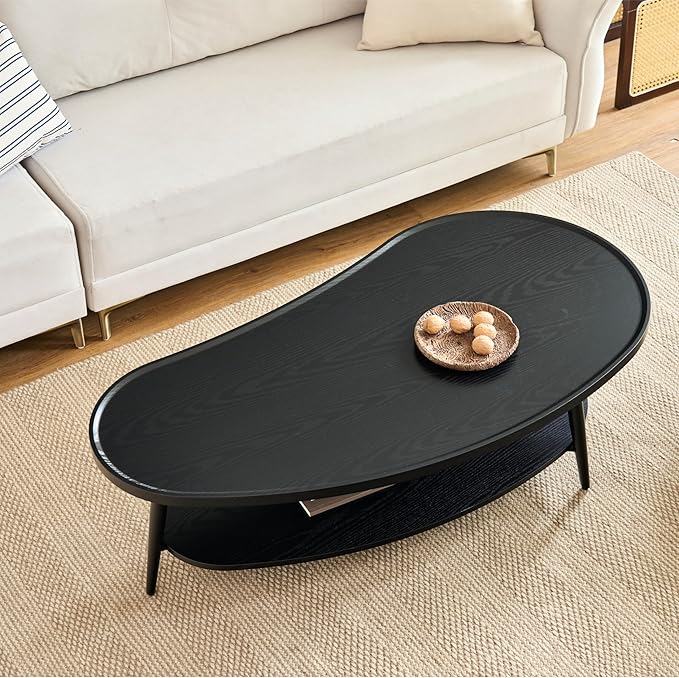 Saint Mossi Black Coffee Table for Living Room, Mid-Century Mango Shaped Wood Coffee Table, 2-Tier Center Table for Small Space, Black Board, D47xW23.6xH15