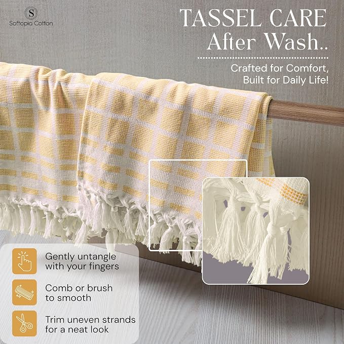 Matrix Dobby Kitchen Towels 4 Pack 100% Cotton, 16x26 Inches, Decorative Tea Towels with Handmade Tassels, Absorbent Washable Wash Cloths for Kitchen Drying - Mustard Yellow, Natural