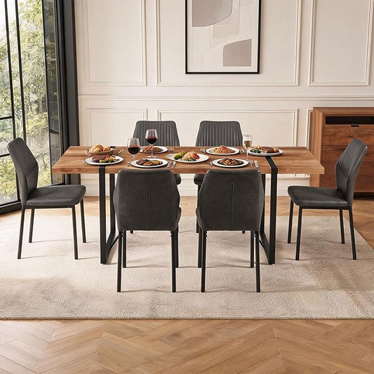 Dining Chairs Set of 6, Dark Grey PU Leather Dining Chairs, Comfortable Upholstered Armless Kitchen Chairs with Black Metal Legs for Living Room, Dining Room, Kitchen
