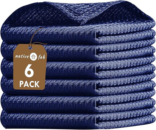 Native Fab 6 Pack Waffle Dish Cloths - 100% Cotton, 12x12 inch, Absorbent, Quick Drying, Washable Towels for Cleaning, Cooking & Baking - Perfect for Home, Restaurants, Bars, Multi Use - Indigo Blue