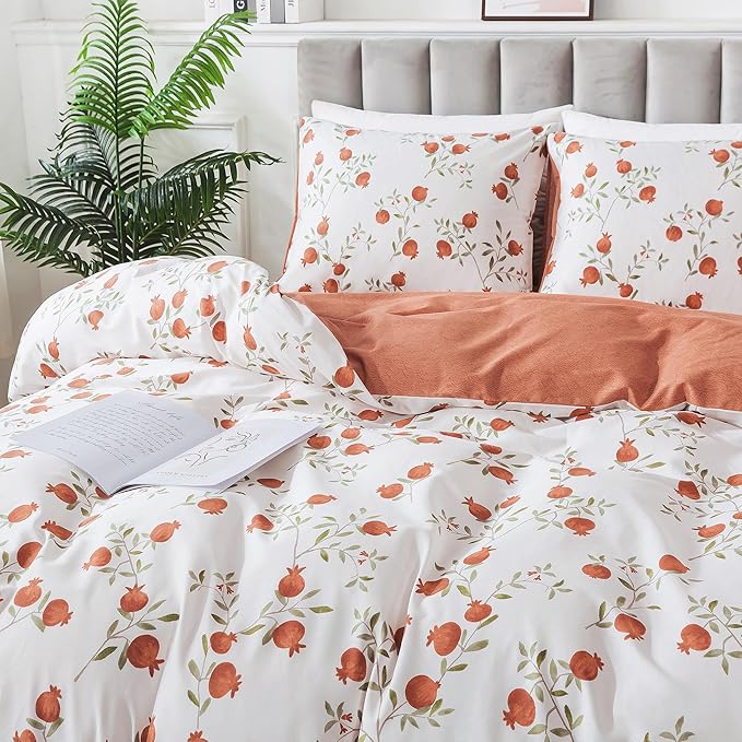 HoneiLife Fruits Duvet Cover King - 100% Cotton Comforter Cover 3-PC, Botanical Bedlinen Set with Zipper Closure & Corner Ties, Pomegranate Comforter Cover Sets