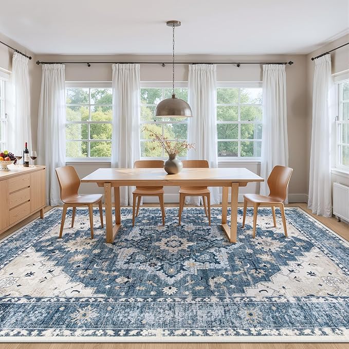 Area Rug 9x12 Vintage Rug: Large Washable Indoor Medallion Rugs Low Pile Distressed Floor Carpet Retro Accent Rug for Living Room Bedroom Kitchen Dining Table Home Office(Blue, 9'x12')