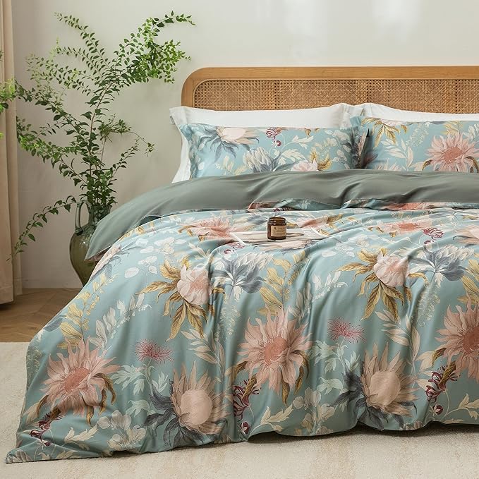 MILDLY Cal King Size Duvet Cover Set 100% Long-Staple Cotton Luxury Vintage Floral Patten Reversible Comforter Cover Set 3Pcs