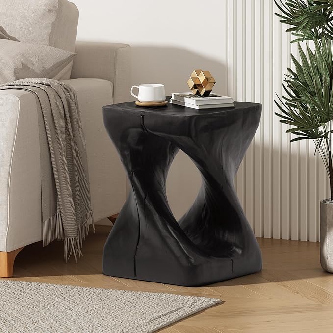 ø11.75'' Small Side Table End Table for Living Room, Modern Retro Farmhouse Countryside Style, Magnesium Oxide Material for Indoor & Outdoor, No Assembly, Wood Grain, Black