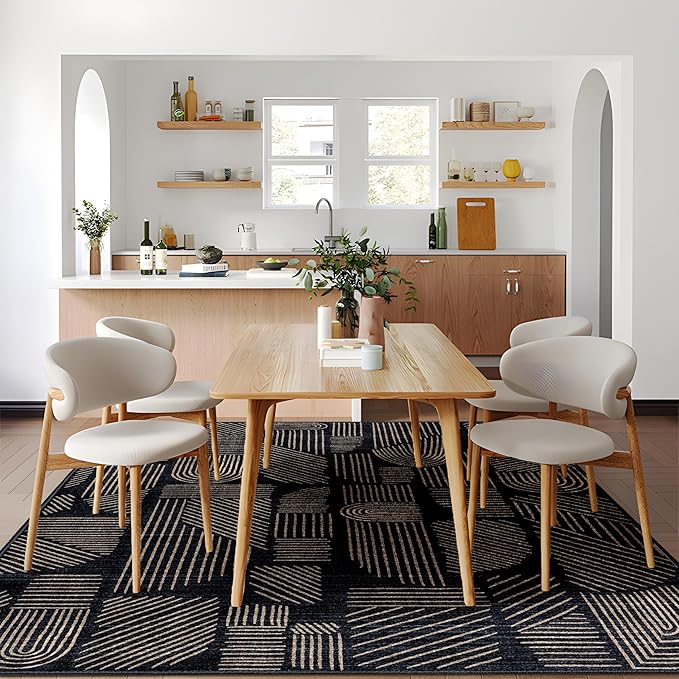MUJOO 5x7 Washable Area Rug,Mid Century Modern Abstract Non Slip Low Pile Rug,Black and Gold Rug for Living Room Bedroom Dining Room