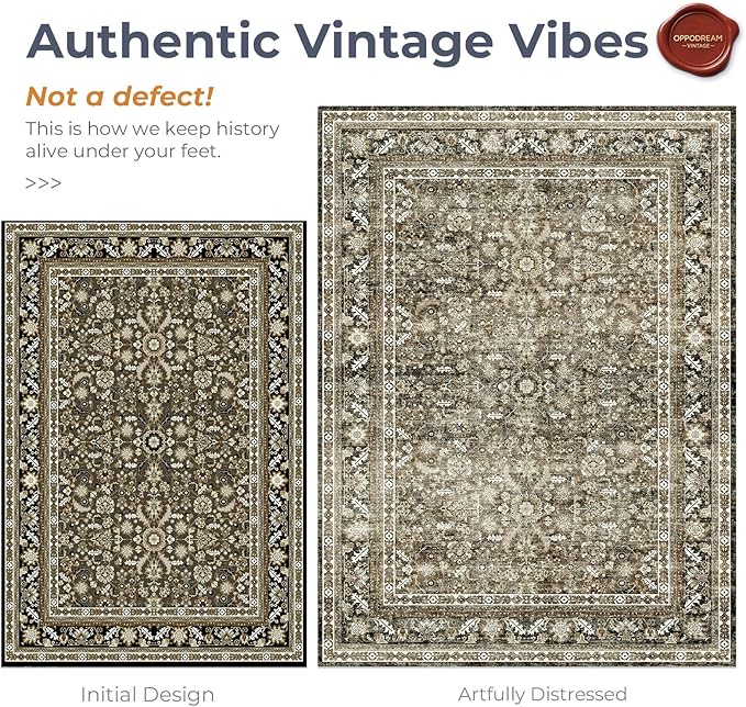 OPPODREAM Vintage Brown Round Rug 5ft, 5 ft Retro Washable Circle Rug Non Slip, Low-Pile Faux Wool Circular Carpet, Distressed Floor Mat for Living Room, Bedroom, Office, Dorm, Dinning Room
