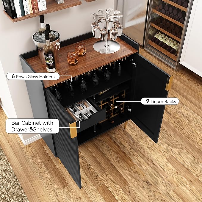 ARTPOWER Sideboard Buffet Cabinet with Fluted Texture, Modern Coffee Bar Cabinet with Wine Rack&Drawers, Black Liquor Cabinet for Kitchen Dining Room, Living Room