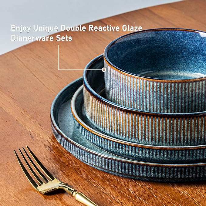 GBHOME 24-Piece Stoneware Dinnerware Set for 8 – Ribbed Ceramic Plates and Bowls, Scratch-Resistant, Microwave & Dishwasher Safe, Reactive Glaze, Ceylon Blue