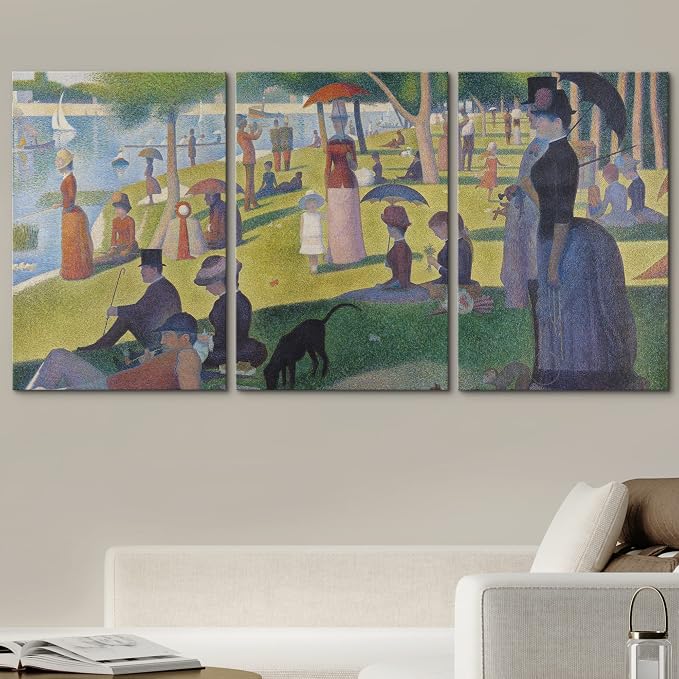 wall26 Canvas Print Wall Art Set La Grande Jatte by Georges Seurat Cultural Historic Oil Painting Fine Art Reproduction Scenic Colorful for Living Room, Bedroom, Office - 24"x36" x 3 Panels