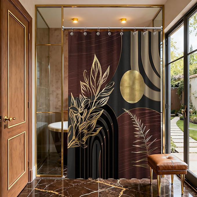 Dark Brown and Black Shower Curtain Boho Mid Century Gold and Brown Shower Curtains for Bathroom Decor, Waterproof Cloth Fabric with Hooks, 48" W x 72" L
