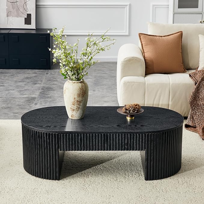 Oval Coffee Table, 47.5" Coffee Table with Storage, Fluted Accent Center Table with Textured Roman Column Patterns, Mid Century Modern Coffee Tables for Living Room, Office, Apartment, Black