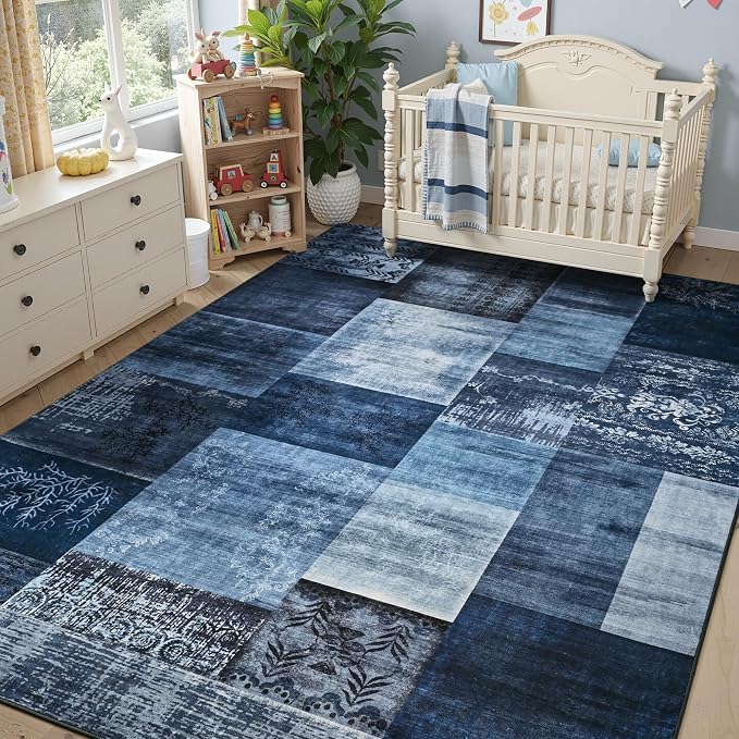 Tepook 8x10 Blue Area Rugs for Living Room, Modern Large Geometric Rug for Bedroom, Washable Patchwork Rug Indoor Non Slip Throw Carpets for Dining Room Office Farmhouse Home Decor