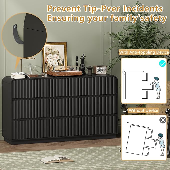 Black Dresser Fluted 9 Drawers Dresser for Bedroom, 59" Wide Wood Chest of Drawers with Hidden Handles & Rounded Corners, Modern TV Stand Storage Cabinet for Living Room, Hallway, Entryway