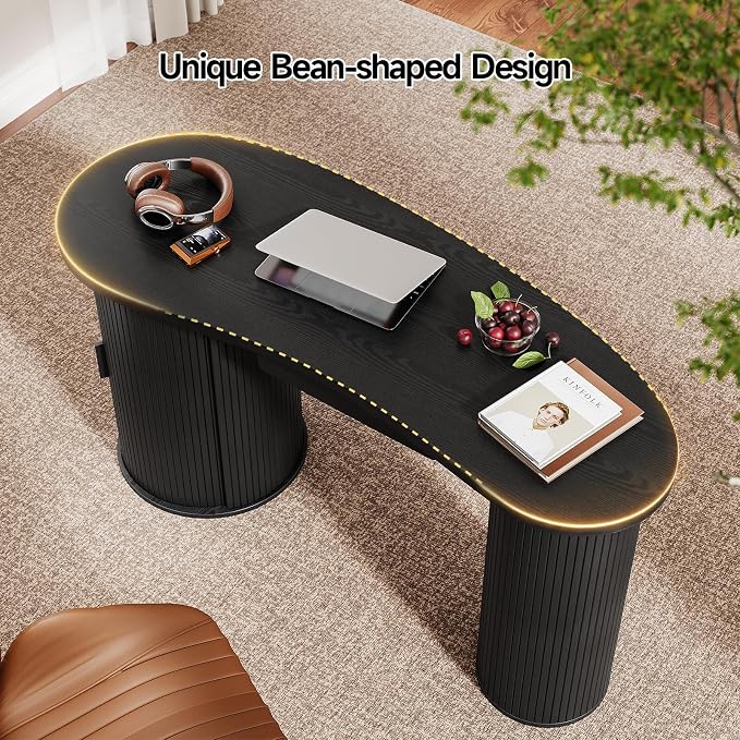 ONBRILL 59 Inches Fluted Office Desk with Storage, Bean-Shaped Computer Desk with Drawer, Mid-Century Modern Curved Corner Desk with Sliding Door for Work and Study,Black