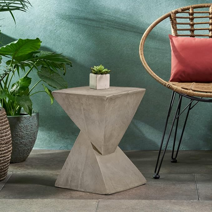 ø12.5'' Square Hourglass Side Table End Table for Living Room, Modern Retro Style, Magnesium Oxide & Light Weight for Indoor & Outdoor, No Assembly, Wood Grain, Light Gray