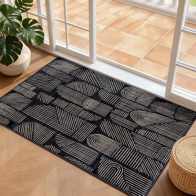 MUJOO 2x3 Washable Rug,Mid Century Modern Abstract Non Slip Low Pile Small Area Rug,Black and Gold Rug for Entryway Bathroom Kitchen Bedroom