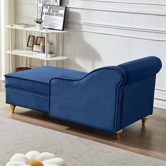 60.6''Velvet Chaise Lounge Indoor, Modern Velvet Lounge Chair with Left Armrest & Lumbar Pillow,Button Tufted Lounge Sofa with Storage for Bedroom, Living Room and Office，Navy Blue