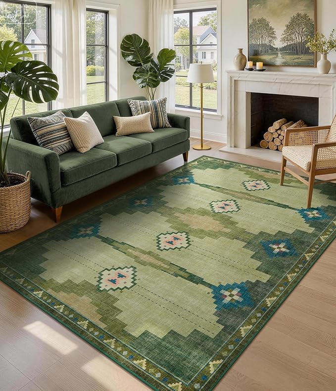 YIHOUSE Mid Century Modern Rugs for Living Room, Green Rug No-Slip Southwestern Area Rug 5x7 Washable Rugs for Bedroom, Dining Room