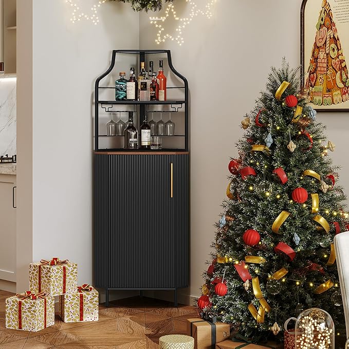 ARTPOWER Corner Bar Cabinet with LED Strip, 4-Tiers Modern Corner Coffee Bar with Glass Holder, Fluted Tall Liquor Cabinet for Kitchen, Dining Room, Living Room, Black
