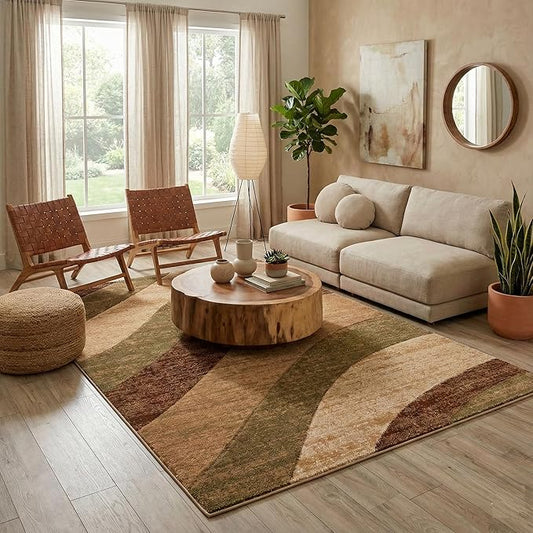 Well Woven Good Vibes Cecilia Multi Color Brown 5'3" x 7'3" Modern Area Rug for Living & Dining Room - Stain-Resistant, Hand-Carved, 3D Abstract Design