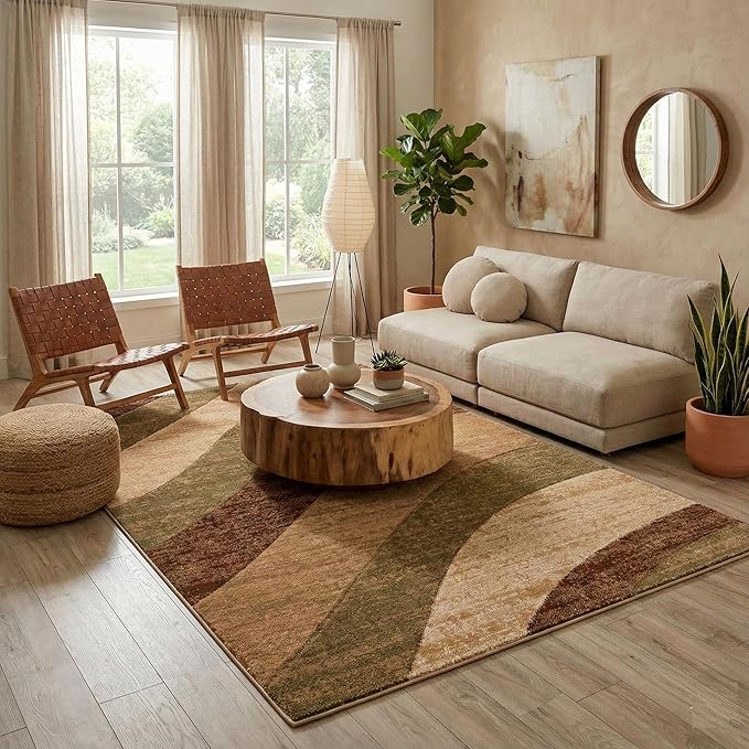 Well Woven Good Vibes Cecilia Multi Color Brown 7'10" x 9'10" Modern Area Rug for Living & Dining Room - Stain-Resistant, Hand-Carved, 3D Abstract Design