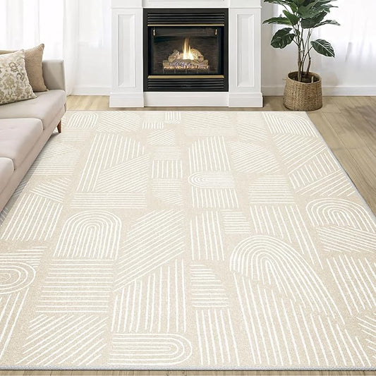 MUJOO 5x7 Washable Area Rug,Mid Century Modern Abstract Non Slip Low Pile Rug,Neutral Beige and White Rug for Living Room Bedroom Dining Room