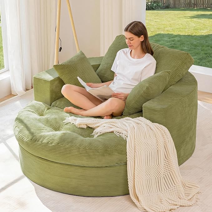MAXYOYO Oversized Round Chaise Lounge Sofa, Upholstered Lounge Chair with 3 Pillows, Boneless Sofa Couch with Ottoman, Deep Seat Chair for Living Room, No Assembly, Green