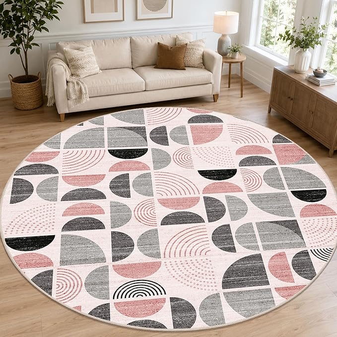 MUJOO Round Rugs 9ft,Circle Area Rug Washable,Circular Rugs for Living Room Dining Room,Large Boho Non Slip Throw Floor Carpet Modern Abstract Pink and Grey