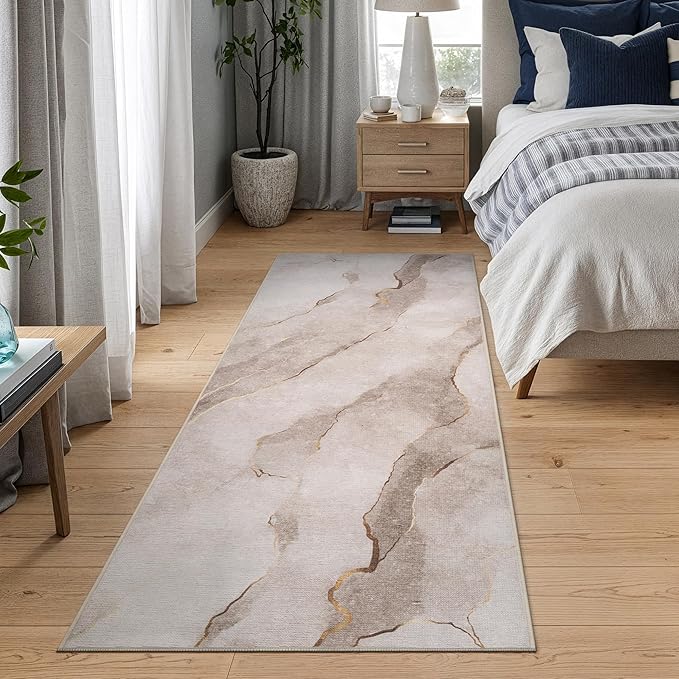 Bloom Rugs Caria Washable Non-Slip 7 ft Runner - Ivory/Gold Modern Abstract Runner for Entryway, Hallway, Bathroom, and Kitchen - Exact Size: 2'6" x 7'
