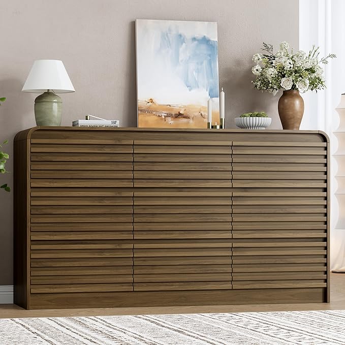 Fluted 9 Drawer Dresser for Bedroom, 59" Wide Wood Chests of Drawers with Curved Profile, Mid Century Modern Dresser with Large Storage & Hidden Handle for Living Room, Hallway, Walnut