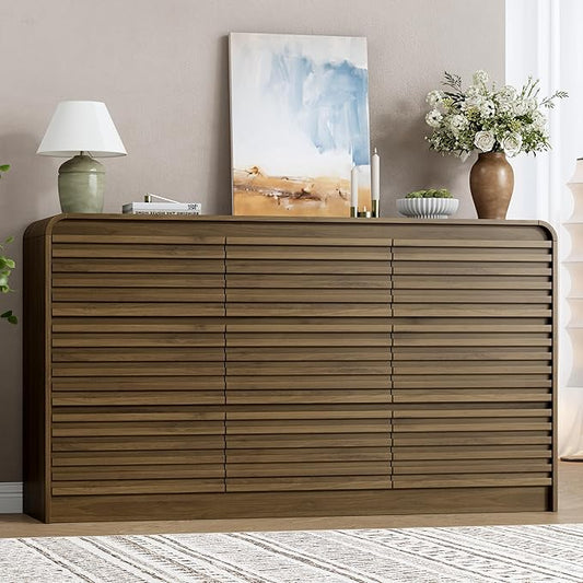 Fluted 9 Drawer Dresser for Bedroom, 59" Wide Wood Chests of Drawers with Curved Profile, Mid Century Modern Dresser with Large Storage & Hidden Handle for Living Room, Hallway, Walnut