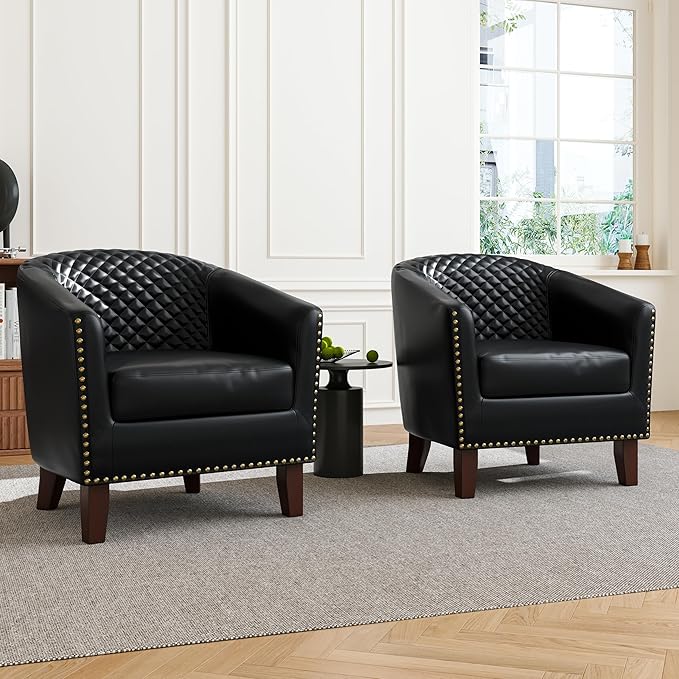 Accent Barrel Chair, Upholstered Faux Leather Club Chair with Nailed Trim, Comfy Reading Armchair for Living Room Bedroom Reception Room Office (Black, Set of 2)